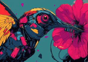Comic book style art of a mechanical hummingbird jacking into a flower to charge.