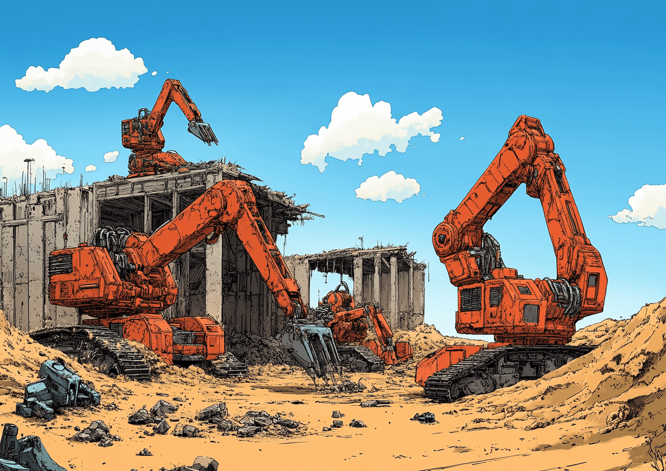 Robotic machines rebuilding at a construction site.
