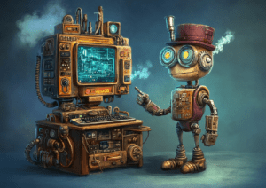 Robot salesman Presenting a new computer