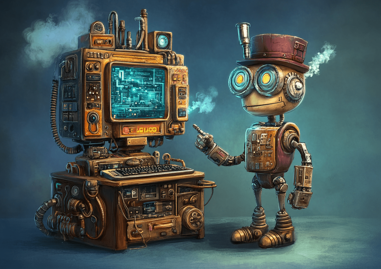 Robot salesman Presenting a new computer