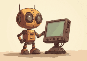 Robot standing with a computer